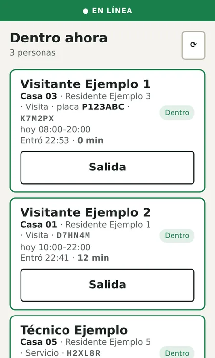 App de garita: lista de visitas dentro con tiempo transcurrido y botón de salida