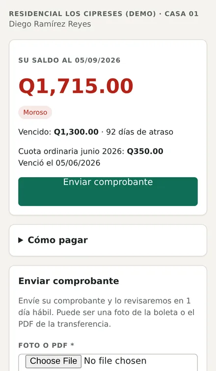 Portal del residente en el teléfono: saldo, próximo vencimiento y botón para enviar comprobante